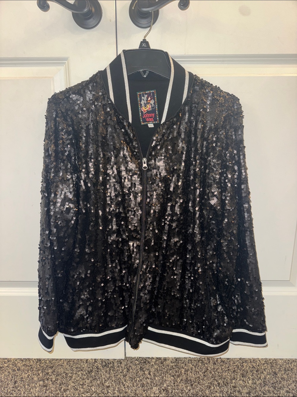 Johnny Was Black Sequin Bomber Jacket with Contrast Trim